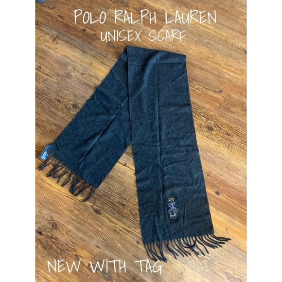 Polo Ralph Lauren Gray Wool Scarf With Bear Embroidery Unisex New With Tag - Picture 1 of 4